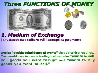 Three FUNCTIONS OF MONEY 1.   Medium of Exchange [ any  asset  that  sellers will accept  as  payment Avoids “double coincidence of wants”  that bartering requires. You would  have to have a  trading partner who  “wants  to  sell you  goods  you  want  to buy”  and   “wants  to  buy  goods  you  want  to  sell.” 