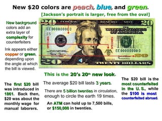 [Jackson’s portrait is larger, free from the oval] New $20 colors are   peach ,  blue ,  and   green .  This  is the   20’ s  20 th   new look . New background colors add an extra layer of  complexity  for counterfeiters Ink appears either copper  or  green , depending upon the angle at which the bill is viewed. The  first  $20   bill was introduced in 1861 .  Back  then, $20 was about the monthly wage  for manual  laborers. The average $20 bill lasts  3 years . There are  5 billion twenties  in circulation, enough to circle the earth 19 times.  An  ATM  can hold up to 7,500 bills, or  $150,000  in twenties. The  $20  bill  is the most counterfeited in  the  U. S. ,  while the  $100  is  most counterfeited abroad . 