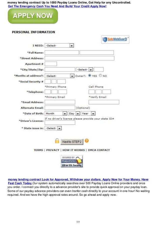 Money lending contract 100 - 1000 Payday Cash Loans in 
