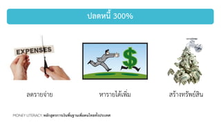 ปลดหนี้ 300%
ลดรายจ่าย หารายได้เพิ่ม สร้างทรัพย์สิน
MONEY LITERACY: หลักสูตรการเงินพื้นฐานเพื่อคนไทยทั้งประเทศ
 