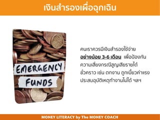 MONEY LITERACY by The MONEY COACH
เงินสํารองเผื่อฉุกเฉิน
คนเราควรมีเงินสํารองใช้จ่าย
อย่างน้อย 3-6 เดือน เพื่อป้องกัน
ความ...