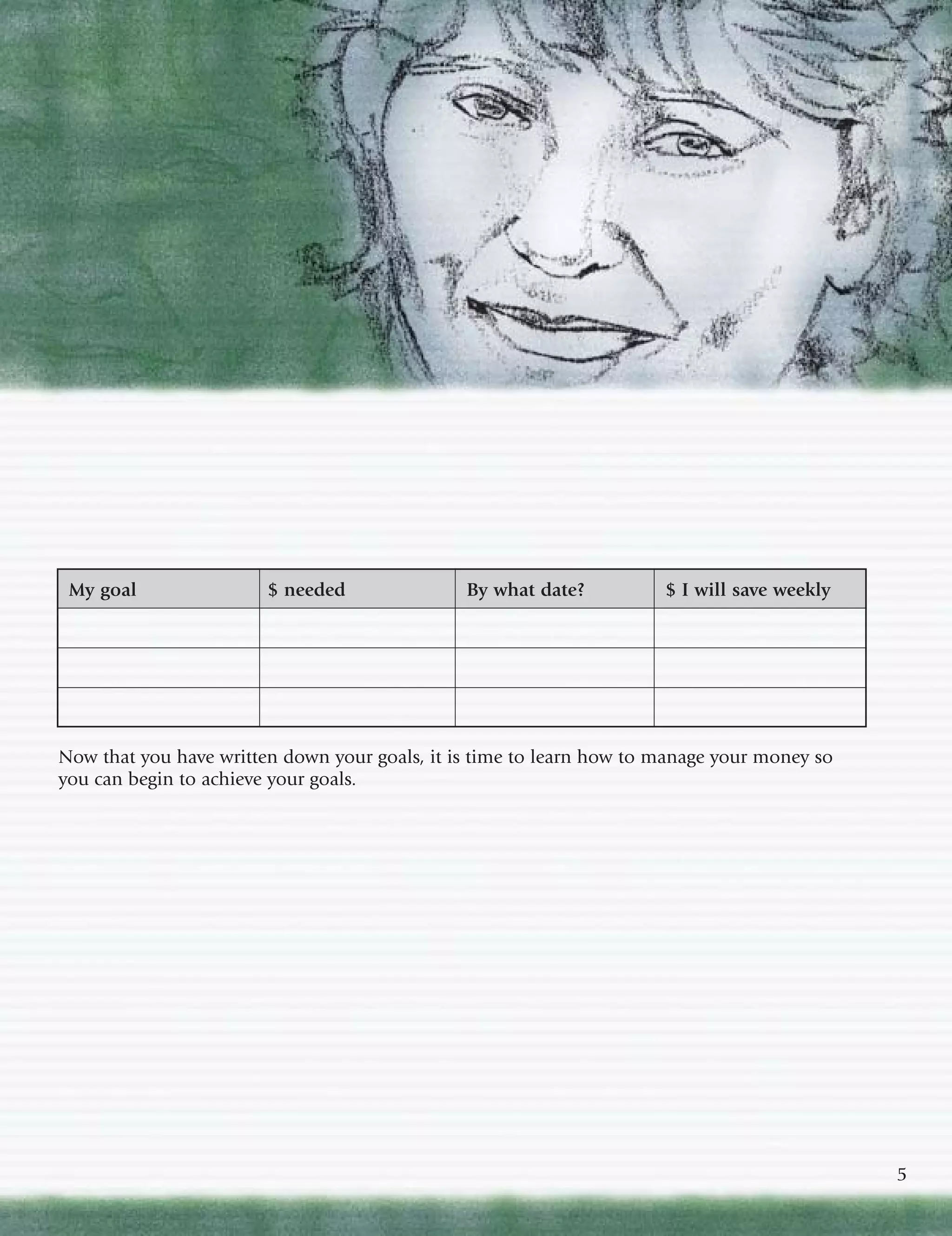 My goal                $ needed               By what date?          $ I will save weekly




Now that you have written down your goals, it is time to learn how to manage your money so
you can begin to achieve your goals.




                                                                                             5
 
