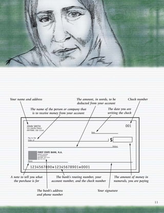 Your name and address                                         The amount, in words, to be           Check number
                                                              deducted from your account
               The name of the person or company that                                 The date you are
                is to receive money from your account                                 writing the check



           JOHN SMITH                                                                              001
           123 CENTER STREET
           ANYTOWN, USA 12345
                                                                        Date

            Pay to the
            Order of                                                                   $
                                                                                         Dollars


                         FIRST STATE BANK, N.A.
                         BRANCH LOCATION
                         123 MAINSTREET
                         ANYTOWN, USA 12345
                         800-555-1212
            Memo


              1234567890 ❖ 12345678901 ❖ 0001

A note to tell you what                          The bank’s routing number, your           The amount of money in
  the purchase is for                         account number, and the check number         numerals, you are paying

                         The bank’s address                                    Your signature
                         and phone number

                                                                                                                      11
 