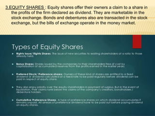 3.EQUITY SHARES : Equity shares offer their owners a claim to a share in
the profits of the firm declared as dividend. The...