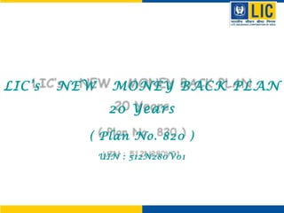 LIC’s NEW MONEY BACK PLAN
20 Years
( Plan No. 820 )
UIN : 512N280V01
 