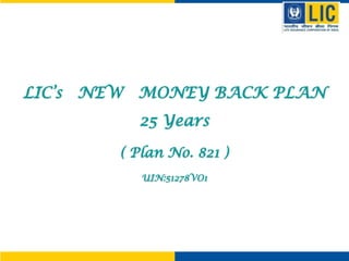 LIC’s NEW MONEY BACK PLAN
25 Years
( Plan No. 821 )
UIN:51278VO1
 