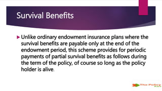 Survival Benefits
 Unlike ordinary endowment insurance plans where the
survival benefits are payable only at the end of the
endowment period, this scheme provides for periodic
payments of partial survival benefits as follows during
the term of the policy, of course so long as the policy
holder is alive.
 