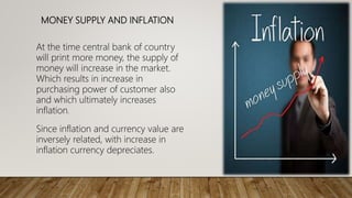 MONEY SUPPLY AND INFLATION
At the time central bank of country
will print more money, the supply of
money will increase in the market.
Which results in increase in
purchasing power of customer also
and which ultimately increases
inflation.
Since inflation and currency value are
inversely related, with increase in
inflation currency depreciates.
 
