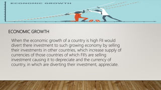 ECONOMIC GROWTH
When the economic growth of a country is high FII would
divert there investment to such growing economy by selling
their investments in other countries, which increase supply of
currencies of those countries of which FII’s are selling
investment causing it to depreciate and the currency of
country, in which are diverting their investment, appreciate.
 