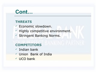 Cont…
THREATS
 Economic slowdown.
 Highly competitive environment.
 Stringent Banking Norms.
COMPETITORS
 Indian bank
 Union Bank of India
 UCO bank
 