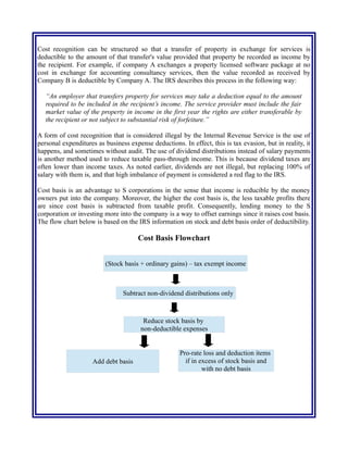 Cost recognition can be structured so that a transfer of property in exchange for services is
deductible to the amount of that transfer's value provided that property be recorded as income by
the recipient. For example, if company A exchanges a property licensed software package at no
cost in exchange for accounting consultancy services, then the value recorded as received by
Company B is deductible by Company A. The IRS describes this process in the following way:
“An employer that transfers property for services may take a deduction equal to the amount
required to be included in the recipient’s income. The service provider must include the fair
market value of the property in income in the first year the rights are either transferable by
the recipient or not subject to substantial risk of forfeiture.”
A form of cost recognition that is considered illegal by the Internal Revenue Service is the use of
personal expenditures as business expense deductions. In effect, this is tax evasion, but in reality, it
happens, and sometimes without audit. The use of dividend distributions instead of salary payments
is another method used to reduce taxable pass-through income. This is because dividend taxes are
often lower than income taxes. As noted earlier, dividends are not illegal, but replacing 100% of
salary with them is, and that high imbalance of payment is considered a red flag to the IRS.
Cost basis is an advantage to S corporations in the sense that income is reducible by the money
owners put into the company. Moreover, the higher the cost basis is, the less taxable profits there
are since cost basis is subtracted from taxable profit. Consequently, lending money to the S
corporation or investing more into the company is a way to offset earnings since it raises cost basis.
The flow chart below is based on the IRS information on stock and debt basis order of deductibility.
Cost Basis Flowchart
(Stock basis + ordinary gains) – tax exempt income
Subtract non-dividend distributions only
Reduce stock basis by
non-deductible expenses
Add debt basis
Pro-rate loss and deduction items
if in excess of stock basis and
with no debt basis
 