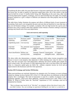 Considering the above table, the most ideal income is long-term capital gains since they are taxed at
the lowest rate. In order to qualify for long-term capital gains rates, one of the criteria is that the
asset be held for at least 12 months before being sold. Depending on the asset class, other rules
involving depreciation recapture, exchanges, asset use and ownership may also apply. For example,
property acquired as a gift is subject to different cost deduction rules than property that has been
purchased.
The table below further illustrates the purpose and effects of different kinds of asset treatment in
accounting. Each asset's cost recognition has pros and cons that are beneficial in ways that may or
may not suit business strategy. For example, a company with very high income for a given year of
business may wish to expense rather than capitalize assets whereas a business seeking to maximize
earnings may benefit more from asset depreciation.
Asset cost recovery and expensing
Purpose Uses Advantages Disadvantages
Section 179
expensing
Promotes capital
investment
Immediate costing
of purchases
Lowers taxable
income
Worse income
ratio results
Capitalizing assets Cost recovery Defers expense
recognition
Delays revenue
reduction
Capital
expenditure
Like kind
exchanges
Tax protected asset
exchange
Equipment
upgrades, property
trades
Defers income
recognition
Transaction
complexity
Asset classification Defines cost
recovery terms
Strategic financial
management
Amortization of
intangible assets
Capped
depreciation
The above table also demonstrates a company seeking to defer reduce income recognition may
choose to invest in real property, then depreciate it while retaining asset value for sale at a later
date; since the cost basis rises with depreciation, deferring sale lowers taxable gains despite the
asset's actual worth. The end result of a fully depreciated asset with a cost basis below fair market
value is a long-term capital gains tax below the ordinary corporate income tax level and an
improvement to the businesses cash flow from operations.
Section 1031 Exchange and Section 338 Election
When asset purchases are restricted, alternative tax strategies exist. For instance, an asset exchange
related tax strategy involves Section 1031 of the U.S. Code and allows tax deferment on like-kind
property that is exchanged. This kind of transaction is used for a number of purposes such as
equipment upgrades, which gives them additional potential business-level value. What is more,
Robert W. Wood of Forbes states the “like-kind” requirement of 1031 exchanges need not be
interpreted too literally:
“Most exchanges must merely be of “like-kind”–an enigmatic phrase that doesn’t mean what
you think it means. You can exchange an apartment building for raw land, or a ranch for a
 