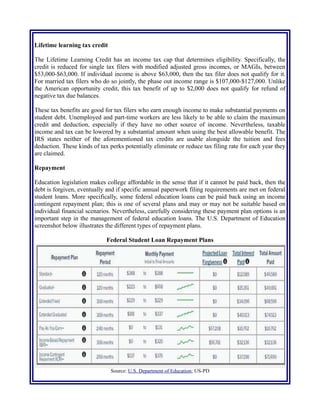 These tax benefits are good for tax filers who earn enough income to make substantial payments on
student debt. Unemployed and part-time workers are less likely to be able to claim the maximum
credit and deduction, especially if they have no other source of income. Nevertheless, taxable
income and tax can be lowered by a substantial amount when using the best allowable benefit. The
IRS states neither of the aforementioned tax credits are usable alongside the tuition and fees
deduction. These kinds of tax perks potentially eliminate or reduce tax filing rate for each year they
are claimed.
Repayment
Education legislation makes college affordable in the sense that if it cannot be paid back, then the
debt is forgiven, eventually and if specific annual paperwork filing requirements are met on federal
student loans. More specifically, some federal education loans can be paid back using an income
contingent repayment plan; this is one of several plans and may or may not be suitable based on
individual financial scenarios. Nevertheless, carefully considering these payment plan options is an
important step in the management of federal education loans. The U.S. Department of Education
screenshot below illustrates the different types of repayment plans.
Federal Student Loan Repayment Plans
Source: U.S. Department of Education; US-PD
Although including education loans in bankruptcy is considered difficult in the case of federal debt,
this is not necessarily the case for private loans or revolving credit used to pay student debt. If one
qualifies for bankruptcy, especially Chapter 7, then including these other forms of student debt
and/or federal debt paid for using these alternative instruments in a bankruptcy filing is one way to
help reduce an overall debt burden.
Conclusion
There is no doubt about college being expensive. What there is contention about is how valuable an
 