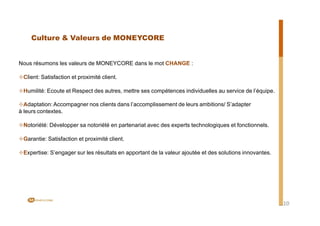 Culture & Valeurs de MONEYCORE
Nous résumons les valeurs de MONEYCORE dans le mot CHANGE :
²Client: Satisfaction et proximité client.
²Humilité: Ecoute et Respect des autres, mettre ses compétences individuelles au service de l’équipe.
²Adaptation: Accompagner nos clients dans l’accomplissement de leurs ambitions/ S’adapter
à leurs contextes.
²Notoriété: Développer sa notoriété en partenariat avec des experts technologiques et fonctionnels.
²Garantie: Satisfaction et proximité client.
²Expertise: S’engager sur les résultats en apportant de la valeur ajoutée et des solutions innovantes.
10
 