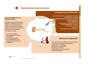 5 Nearshoring & externalisation
Tierce Recette Maintenance
Applicative (TRA)
Moneycore garantie la qualité des
logiciels en donnant à la phase de
recette une place déterminante
grâce à une maitrise du métier du
client, la maitrise des métiers de la
qualification et de la recette,
et la gestion de projet:
• Un contrat forfaitaire.
• Des engagements clairs et
mesurables.
• Une démarche qualité.
• Une industrialisation des
processus de recette et de
qualification.
Développement web & Mobile
Java JEE et Oracle, virtualisation (Vmware)
et Mobile (iOs, Android).
MONEYCORE est attachée au maintien
et au développement
des compétences
techniques et organisationnelles
de ses consultants au travers
d’une veille constante
et d’un axe
de formation et de certification
Maintenance Applicative
Notre centre de service dédié nous permet d’offrir
à nos clients une performance technique
appréciable et compétitive:
Performance et disponibilité
Réactivité et proximité
Engagements d’un service qualité
Sereinement AGILE!
9
 