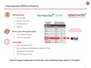 moneycorp Differentiation
3
Banking Group
• Virtual IBAN
• Brazilian Bid / Ask
• CK Reference #
• eWallets
Best in Class Pricing Execution
• 20 Liquidity Providers
• FXall Pricing Engine
Technology
• SFTP and Restful API’s
• Dynamic Bank and Beneficiary Validation Tools
• Integrated Partnerships
• MT103 Copies Online
”World’s Largest Independent FX Provider with a Banking Group within it’s Portfolio”
 