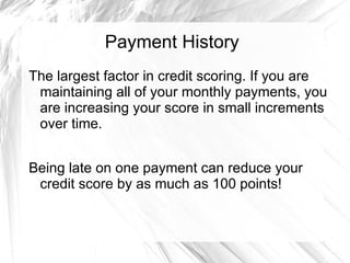 Credit Accounts When taking out a loan or opening a limited account, those figures are reported in this section of a credit report. Data provided by the originating bank includes:  Type of account (mortgage, vehicle, credit card, student loan) 