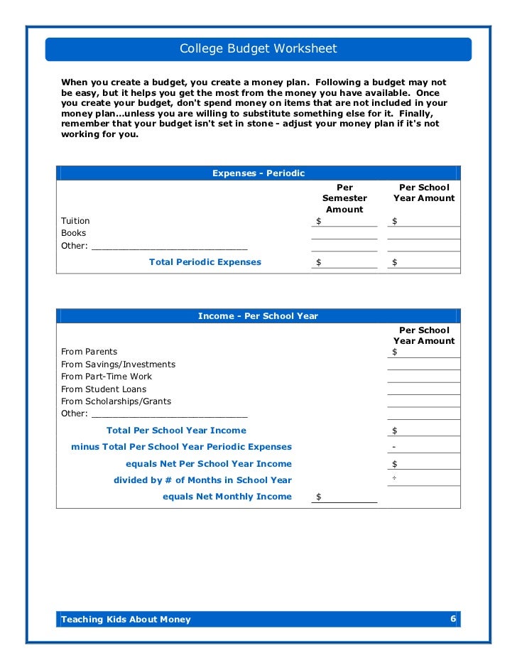 teaching budgeting worksheets
