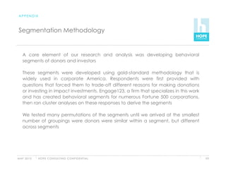 APPENDIX



 Segmentation Methodology


    A core element of our research and analysis was developing behavioral
    segments of donors and investors

    These segments were developed using gold-standard methodology that is
    widely used in corporate America. Respondents were first provided with
    questions that forced them to trade-off different reasons for making donations
    or investing in impact investments. Engage123, a firm that specializes in this work
    and has created behavioral segments for numerous Fortune 500 corporations,
    then ran cluster analyses on these responses to derive the segments

    We tested many permutations of the segments until we arrived at the smallest
    number of groupings were donors were similar within a segment, but different
    across segments




M AY 2 0 1 0   H O P E C O N S U LT I N G C O N F I D E N T I A L                         101
 