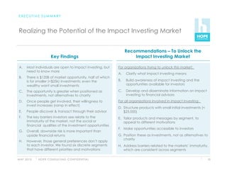 EXECUTIVE SUMMARY



 Realizing the Potential of the Impact Investing Market


                                                                          Recommendations – To Unlock the
                           Key Findings                                       Impact Investing Market

 A.    Most individuals are open to impact investing, but           For organizations trying to unlock this market:
       need to know more
                                                                    A.    Clarify what impact investing means
 B.    There is $120B of market opportunity, half of which
       is for smaller (<$25k) investments; even the                 B.    Build awareness of impact investing and the
       wealthy want small investments                                     opportunities available for investors

 C.  The opportunity is greater when positioned as                  C.  Develop and disseminate information on impact
     investments, not alternatives to charity                           investing to financial advisors
 D.    Once people get involved, their willingness to               For all organizations involved in impact investing:
       invest increases (ramp in effect)
                                                                    D.  Structure products with small initial investments (<
 E.    People discover & transact through their advisor                 $25,000)
 F.    The key barriers investors see relate to the                 E.  Tailor products and messages by segment, to
       immaturity of the market, not the social or                      appeal to different motivations
       financial qualities of the investment opportunities
                                                                    F.  Make opportunities accessible to investors
 G.  Overall, downside risk is more important than
     upside financial returns                                       G.  Position these as investments, not as alternatives to
                                                                        charity
 H.    However, those general preferences don’t apply
       to each investor. We found six discrete segments             H.  Address barriers related to the markets’ immaturity,
       that have different priorities and motivations                   which are consistent across segments

M AY 2 0 1 0   H O P E C O N S U LT I N G C O N F I D E N T I A L                                                              10
 