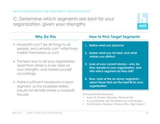 R E C O M M E N D AT I O N S F O R N O N P R O F I T O R G A N I Z AT I O N S


 C. Determine which segments are best for your
 organization, given your strengths

                          Why Do This                                        How to Pick Target Segments

   Nonprofits can’t be all things to all                               1.  Define what you stand for
    people, and certainly can’t effectively
    market themselves as such                                           2.  Assess what you do best, and what
                                                                            makes you distinct
   The best way to set your organization
                                                                        3.  Look at your current donors – why do
    apart from others is to be clear on
                                                                            they donate to your organization, and
    your strengths, and market yourself                                     into which segment do they fall?
    accordingly
                                                                        4.  Now, look at the six donor segments –
   There is sufficient headroom in each                                    select those that are the best fit for your
    segment, so the available dollars                                       organization
    should not dictate where a nonprofit
    focuses                                                            Some potential examples:
                                                                       •  Susan G. Komen: Repayer, Personal Ties
                                                                       •  A Local Shelter: See the Difference, Faith Based
                                                                       •  TechnoServe: Repayer, Personal Ties, High Impact


M AY 2 0 1 0   H O P E C O N S U LT I N G C O N F I D E N T I A L                                                            30
 
