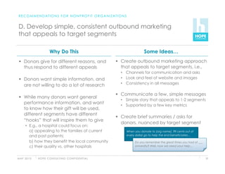 R E C O M M E N D AT I O N S F O R N O N P R O F I T O R G A N I Z AT I O N S


 D. Develop simple, consistent outbound marketing
 that appeals to target segments

                          Why Do This                                                       Some Ideas…
   Donors give for different reasons, and                              Create outbound marketing approach
    thus respond to different appeals                                    that appeals to target segments, i.e.,
                                                                         •  Channels for communication and asks
   Donors want simple information, and                                  •  Look and feel of website and images
                                                                         •  Consistency in all messages
    are not willing to do a lot of research

                                                                        Communicate a few, simple messages
   While many donors want general
                                                                         •  Simple story that appeals to 1-2 segments
    performance information, and want                                    •  Supported by a few key metrics
    to know how their gift will be used,
    different segments have different
                                                                        Create brief summaries / asks for
    “hooks” that will inspire them to give
                                                                         donors, nuanced by target segment
      •  E.g., a hospital could focus on:
         a) appealing to the families of current                                 When you donate to [org name], 99 cents out of
         and past patients;                                                      every dollar go to help the end beneficiaries…

         b) how they benefit the local community                                      Do you remember the great times you had at ___
         c) their quality vs. other hospitals                                         University? Well, now we need your help…



M AY 2 0 1 0   H O P E C O N S U LT I N G C O N F I D E N T I A L                                                                      31
 