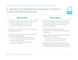 R E A L I Z I N G T H E M A R K E T P O T E N T I A L F O R T H E I M PA C T I N V E S T I N G M A R K E T


 C. Develop and disseminate information on impact
 investing to financial advisors

                          Why Do This                                                          Some Ideas…
   Financial advisors are the key to this market                             Research the key barriers that financial
      •  Majority of respondents used an advisor                               advisors see today – and what barriers
      •  #1 source of information for investors                                they would see if there were more
      •  45% want to transact thru their advisor                               products available

   However, many advisors don’t know about                                   Develop communications and
    these opportunities                                                        information that address these advisors
                                                                               key barriers
   And when they do know, they see barriers
                                                                              Target specific sets of advisors to create
    to recommending them                                                       momentum. Potentially:
      •  “There isn’t a database with these options”
                                                                                 •  Fee based advisors (vs. commission)
      •  “I can’t find out about them where I find out
         about other opportunities”                                              •  Largest advisors (which drive market)
      •  “I am not confident in the track record”
                                                                              Integrate impact investments into the
      •  “Where is my upside?”
                                                                               databases and tools that they use today
                                                                               to eliminate information disadvantages




M AY 2 0 1 0   H O P E C O N S U LT I N G C O N F I D E N T I A L                                                           81
 