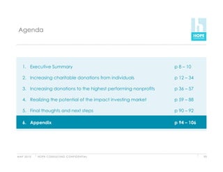 Agenda




    1.  Executive Summary                                           p 8 – 10

    2.  Increasing charitable donations from individuals            p 12 – 34

    3.  Increasing donations to the highest performing nonprofits   p 36 – 57

    4.  Realizing the potential of the impact investing market      p 59 – 88

    5.  Final thoughts and next steps                               p 90 – 92

    6.  Appendix
    6.                                                              p 94 – 106




M AY 2 0 1 0   H O P E C O N S U LT I N G C O N F I D E N T I A L                93
 