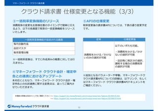 13
マネーフォワード クラウド請求書
③一括税率変換機能のリリース
消費税率の変更をお客様任意のタイミングで簡単に行え
るよう、以下の各画面で税率の一括変換機能をリリース
いたします。
本機能の詳細は右記のリンクをご確認ください >> https://support.biz.moneyforward.com/invoice/news/new-feature/20190419.htm
>> https://support.biz.moneyforward.com/invoice/news/new-feature/20190619.htmll
⑤APIの仕様変更
税率変更後の請求書APIについては、下表の通り変更予定
です。
※追加となるパラメーターや挙動、マネーフォワードク
ラウド請求書APIについての詳細は、以下リンク、もしく
はマネーフォワード クラウド請求書APIドキュメントを
ご確認ください。
※一括税率変換は、すでに作成済みの帳票に対しては行
えません。
一括税率変換機能が追加される画面
毎月自動作成
品目マスタ
販売管理台帳
クラウド請求書 仕様変更となる機能（3/3）
④マネーフォワード クラウド会計・確定申
告との連携におけるアップデート
本対応にともなう、マネーフォワード クラウド会計・確
定申告との仕訳連携に関する変更点は、追ってご案内さ
せていただきます。
従来 仕様変更後
消費税をかける／かけな
いのみの選択が可能
以下のいずれも可能。
・消費税をかける／かけ
ないの選択が可能
・品目毎に税区分の選択、
課税する場合の消費税率
の選択が可能
 