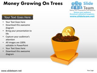 Money Growing On Trees

  Your Text Goes Here
 • Your Text Goes here
 • Download this awesome
   diagram
 • Bring your presentation to
   life
 • Capture your audience’s
   attention
 • All images are 100%
   editable in PowerPoint
 • Your Text Goes here
 • Download this awesome
   diagram




www.slideteam.net               Your Logo
 