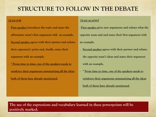 STRUCTURE TO FOLLOW IN THE DEBATE
TEAM FOR
- First speaker introduces the topic and states the
affirmative team’s first argument with an example.
- Second speaker agrees with their partner and refutes
their opponent’s point and, finally, states their
argument with an example.
- * From time to time, one of the speakers needs to
reinforce their arguments summarizing all the ideas
both of them have already mentioned.
TEAM AGAINST
- First speaker gives new arguments and refutes what the
opposite team said and states their first argument with
an example.
- Second speaker agrees with their partner and refutes
the opposite team’s ideas and states their argument
with an example.
- * From time to time, one of the speakers needs to
reinforce their arguments summarizing all the ideas
both of them have already mentioned.
The use of the expressions and vocabulary learned in these powerpoints will be
positively marked.
 