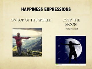 HAPPINESS EXPRESSIONS
ON TOP OF THE WORLD OVER THE
MOON
(very pleased)
 