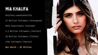 Mia Khalifa
Onlyfans.com/miakhalifa
27 Million Followers (Instagram)
897k Subscribers (YouTube)
5.2 Million Followers (Twi...