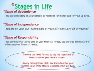 *Stage of dependence
You are depending on your parents or relatives for money and for your up-keep.
*Stage of independence
You are on your own, taking care of yourself financially, all by yourself.
*Stage of Responsibility
You are not only taking care of your financial needs, you are also taking care of
other people’s financial needs.
There is the need for you to lay the right kind of
foundation for your future success.
Money management skills are important for your
success in all three stages, especially the last two.
 