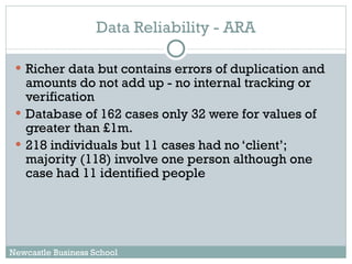 Data Reliability - ARA Richer data but contains errors of duplication and amounts do not add up - no internal tracking or verification Database of 162 cases only 32 were for values of greater than £1m. 218 individuals but 11 cases had no ‘client’; majority (118) involve one person although one case had 11 identified people Newcastle Business School 