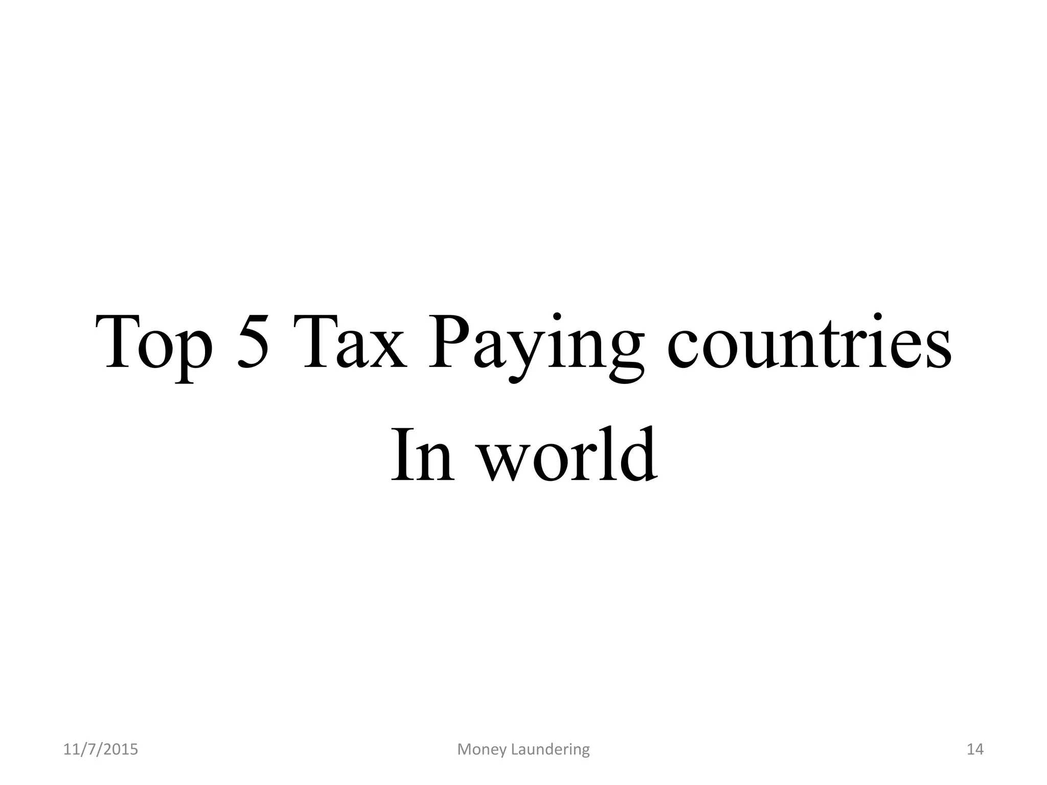 Top 5 Tax Paying countries
In world
11/7/2015 Money Laundering 14
 