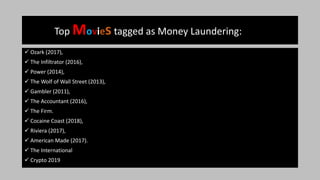 Top Movies tagged as Money Laundering:
 Ozark (2017),
 The Infiltrator (2016),
 Power (2014),
 The Wolf of Wall Street (2013),
 Gambler (2011),
 The Accountant (2016),
 The Firm.
 Cocaine Coast (2018),
 Riviera (2017),
 American Made (2017).
 The International
 Crypto 2019
 