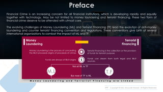 Copyright © Md. Moulude Hossain. All Rights Reserved.
Money
Laundering
Money Laundering is the process of concealing
the illicit proceeds origins of proceeds of crimes
Terrorist financing is the collection or the provision
of funds for terrorist purpose.
M o n e y L a u n d e r i n g a n d T e r r o r i s t F i n a n c i n g a r e L i n k e d
Financial Crime is an increasing concern for all financial institutions, which is developing rapidly and equally
together with technology. May be not limited to money laundering and terrorist financing, these two form of
financial crime deserve to be attended with utmost care.
The evolving challenges of Money Laundering (ML) and Terrorist Financing (TF) lead the evolution of anti-money
laundering and counter terrorist financing convention and regulations. These conventions give birth of several
international organizations to combat the impact of ML and TF.
Terrorist
Financing
$Funds are always of illicit origins
Funds can steam from both legal and illicit
sources.
Not all ML is TF
But most of TF is ML
 