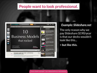 People want to look professional.
Example: Slideshare.net
The only reason why we
pay Slideshare $190/year
is that our decks wouldn’t
look like this...
< but like this.
Know a better example? - tip us @boardofinno or @nickdemey
 