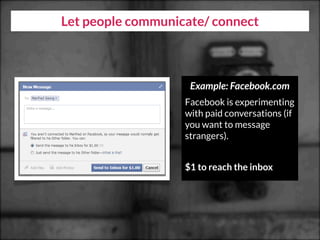 Let people communicate/ connect
Example: Facebook.com
Facebook is experimenting
with paid conversations (if
you want to message
strangers).
$1 to reach the inbox
 