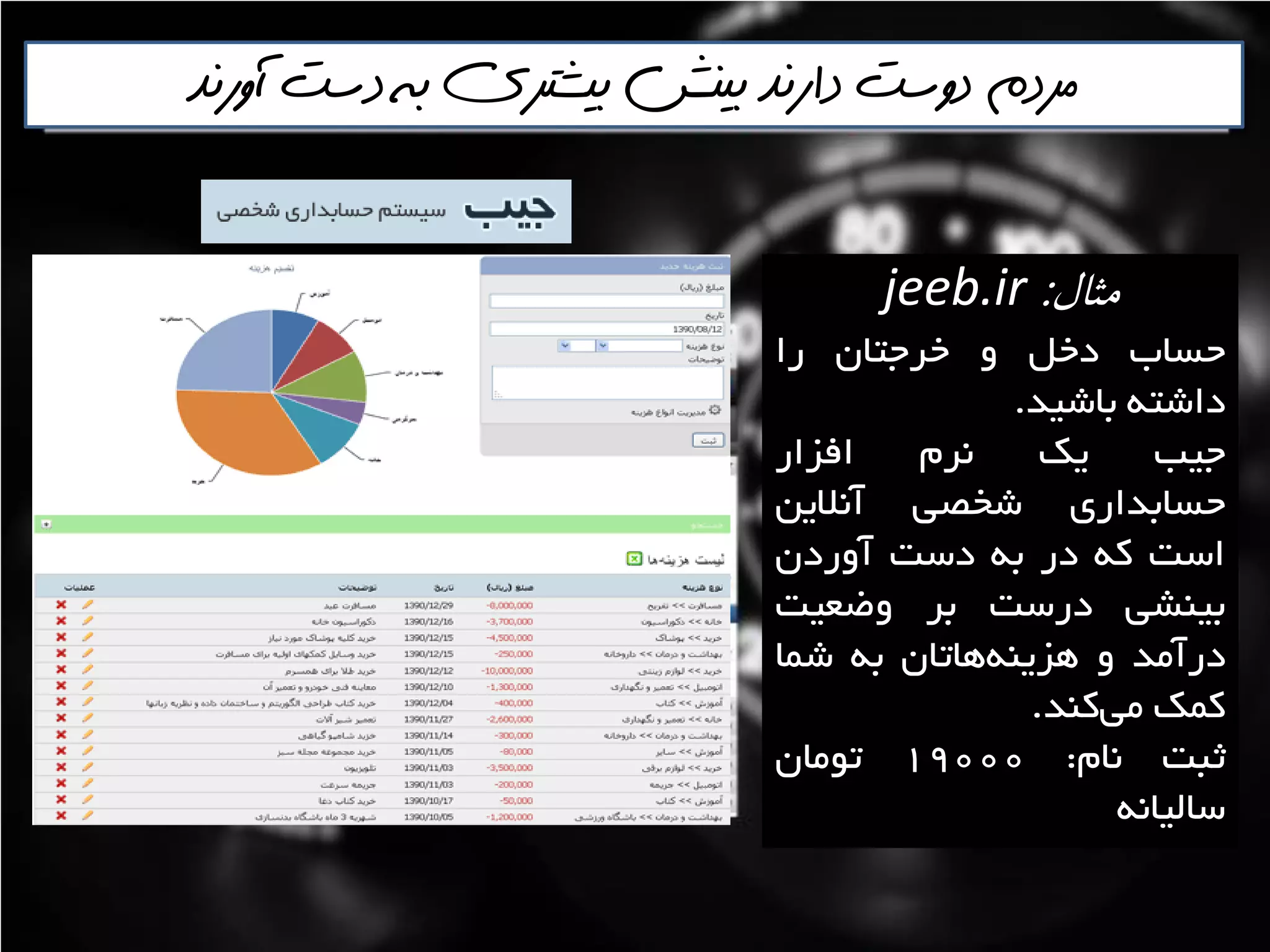 ‫آورنذ‬ ‫دست‬ ‫به‬ ‫بيشتري‬ ‫بينش‬ ‫دارنذ‬ ‫دوست‬ ‫مردم‬
‫مثال‬:jeeb.ir
‫حؼاب‬‫دخل‬ٍ‫خشختاى‬‫سا‬
ِ‫داؿت‬‫تاؿيذ‬.
‫خية‬‫يه‬‫ًشم‬‫افضاس‬
‫حؼاتذاسی‬‫ؿخصي‬‫آًاليي‬
‫اػت‬ِ‫و‬‫دس‬ِ‫ت‬‫دػت‬‫آٍسدى‬
‫تيٌـي‬‫دسػت‬‫تش‬‫ٍضؼيت‬
‫دسآهذ‬ٍ‫ّاتاى‬ٌِ‫ّضي‬ِ‫ت‬‫ؿوا‬
‫ووه‬‫وٌذ‬‫هي‬.
‫ثثت‬‫ًام‬:19000‫تَهاى‬
ًِ‫ػاليا‬
 