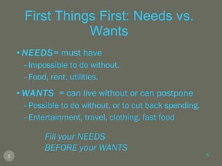 First Things First: Needs vs. Wants NEEDS = must have Impossible to do without. Food, rent, utilities. WANTS   = can live without or can postpone Possible to do without, or to cut back spending. Entertainment, travel, clothing, fast food Fill your NEEDS  BEFORE your WANTS 