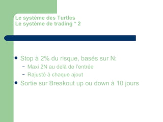 Le système des Turtles Le système de trading * 2 Stop à 2% du risque, basés sur N: Maxi 2N au delà de l’entrée Rajusté à chaque ajout Sortie sur Breakout up ou down à 10 jours 