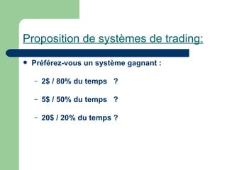 Proposition de systèmes de trading: Préférez-vous un système gagnant : 2$ / 80% du temps  ? 5$ / 50% du temps  ? 20$ / 20% du temps ? 