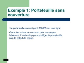 Exemple 1: Portefeuille sans couverture Le portefeuille suivant perd 39000$ sur une ligne Dans les ordres en cours on peut remarquer l’absence d’ ordre stop pour protéger le portefeuille, pas de calcul de risque. 