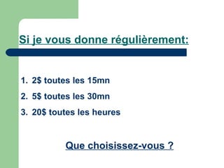 Si je vous donne régulièrement: 2$ toutes les 15mn 5$ toutes les 30mn 20$ toutes les heures Que choisissez-vous ? 