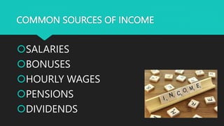 COMMON SOURCES OF INCOME
SALARIES
BONUSES
HOURLY WAGES
PENSIONS
DIVIDENDS
 