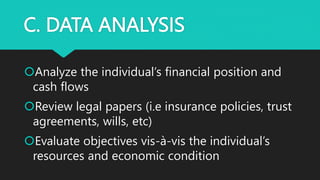 C. DATA ANALYSIS
Analyze the individual’s financial position and
cash flows
Review legal papers (i.e insurance policies, trust
agreements, wills, etc)
Evaluate objectives vis-à-vis the individual’s
resources and economic condition
 