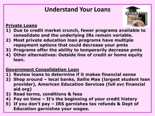 Understand Your Loans

Private Loans
1) Due to credit market crunch, fewer programs available to
   consolidate and the un...