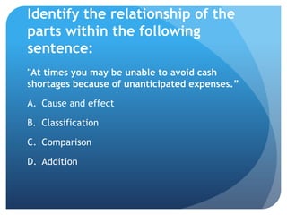 Identify the relationship of the
parts within the following
sentence:
"At times you may be unable to avoid cash
shortages because of unanticipated expenses.”

A. Cause and effect

B. Classification

C. Comparison

D. Addition
 